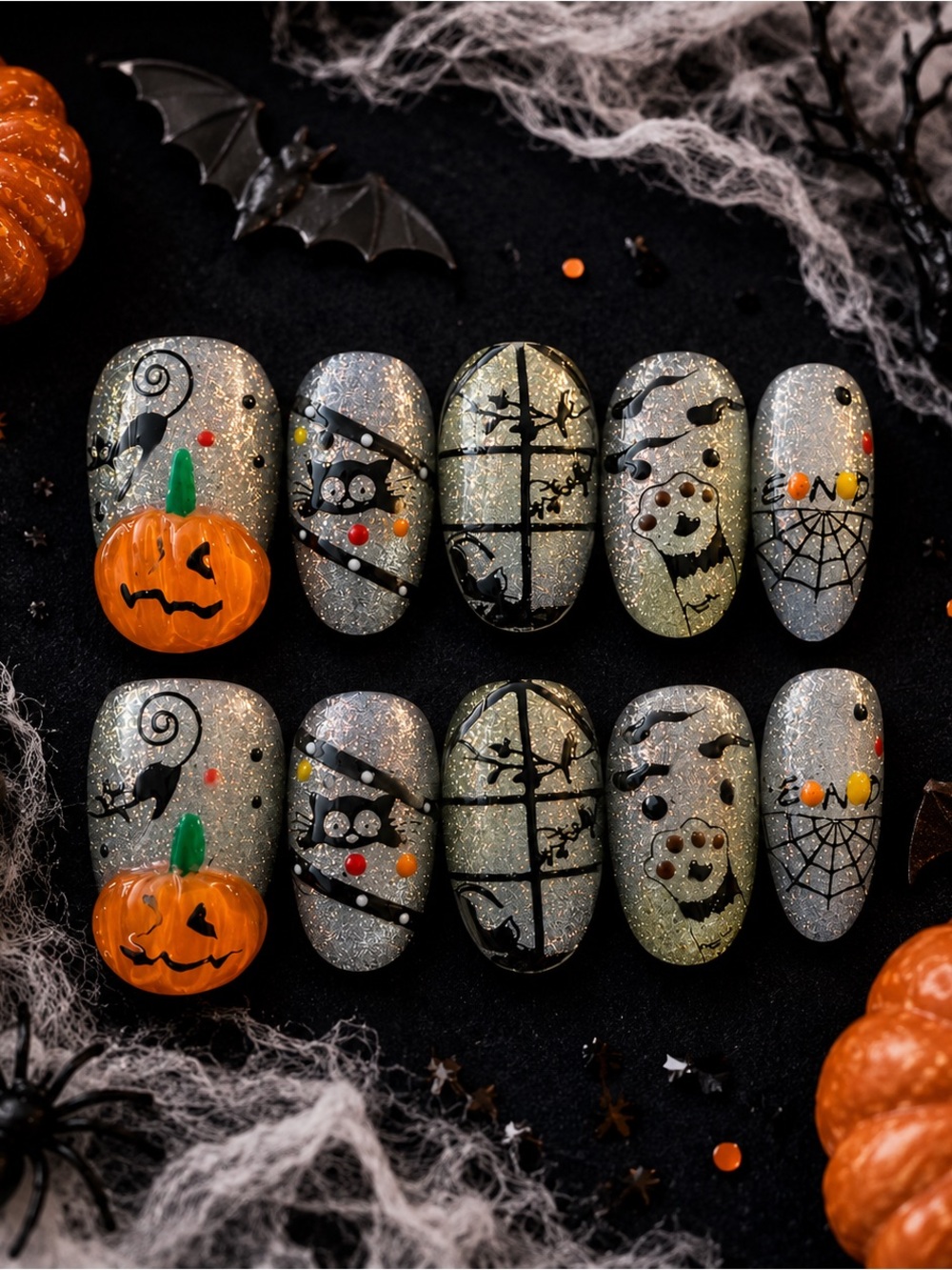 Halloween Glitter Press-On Nails Set with Pumpkin and Spooky Designs - Silver